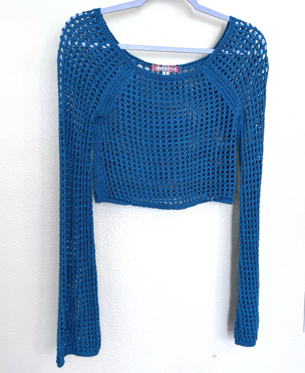 Urban Outfitters Blue Crochet Crop Top Women M Open Knit Long Sleeve Y2K